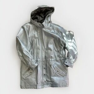 Vintage 80s Braefair Leather Hooded Parka Coat Metallic Silver L Streetwear
